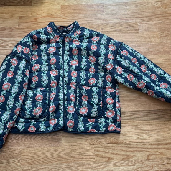 Free People Floral Puffer Jacket - Navy and Coral - Picture 3 of 4